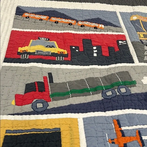 Pottery Barn Kids Transportation Quilt Multicolor Navy Blue Cotton PBK - Picture 6 of 11